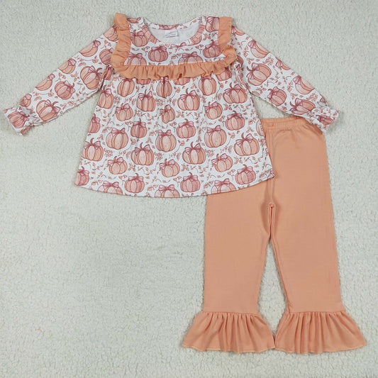 7.8 RTS NO MOQ Baby Girls Long Sleeve Outfits GLP2452 Fall Bow Pumpkins Tunic Ruffle Pants Clothes Sets