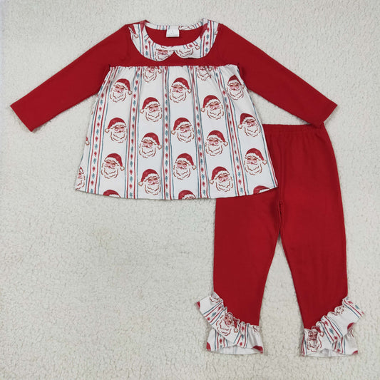 7.29 RTS NO MOQ Baby Girls Long Sleeve Outfits GLP2500 Red Christmas Santa Stripes Tunic Ruffle Legging Pants Sets