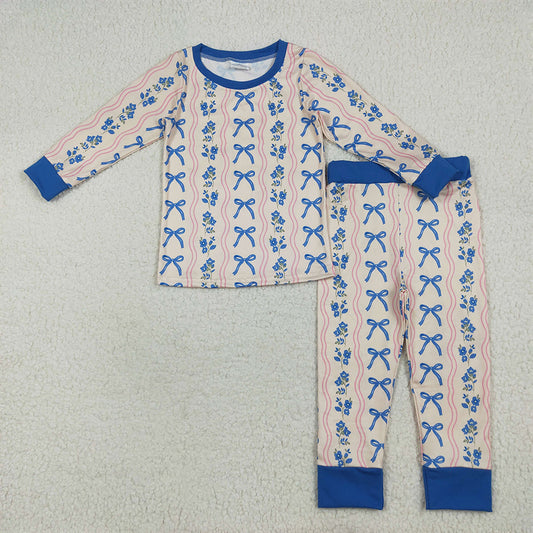 7.15 RTS NO MOQ Baby Girls Long Sleeve Outfits GLP2505 Long Sleeves Blue Bows Flower Stripe Top Pants Pajamas Sets