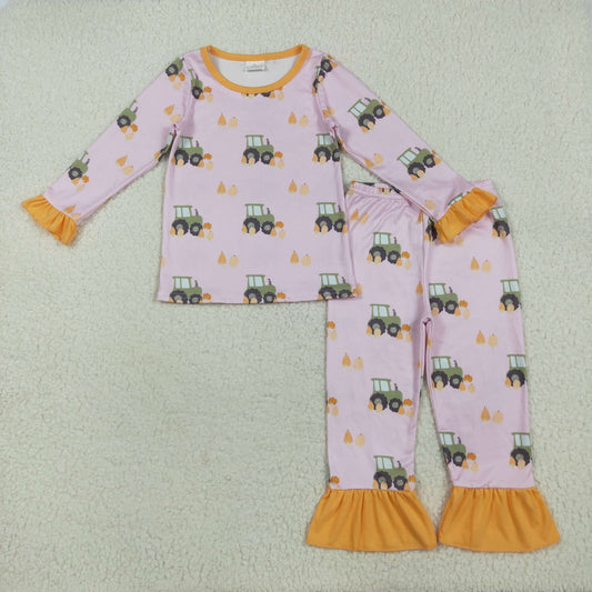 7.18 RTS NO MOQ Baby Girls Long Sleeve Outfits GLP2506 Pink Long Ruffle Sleeves Pumpkins Trucks Top Pant Pajamas Sets