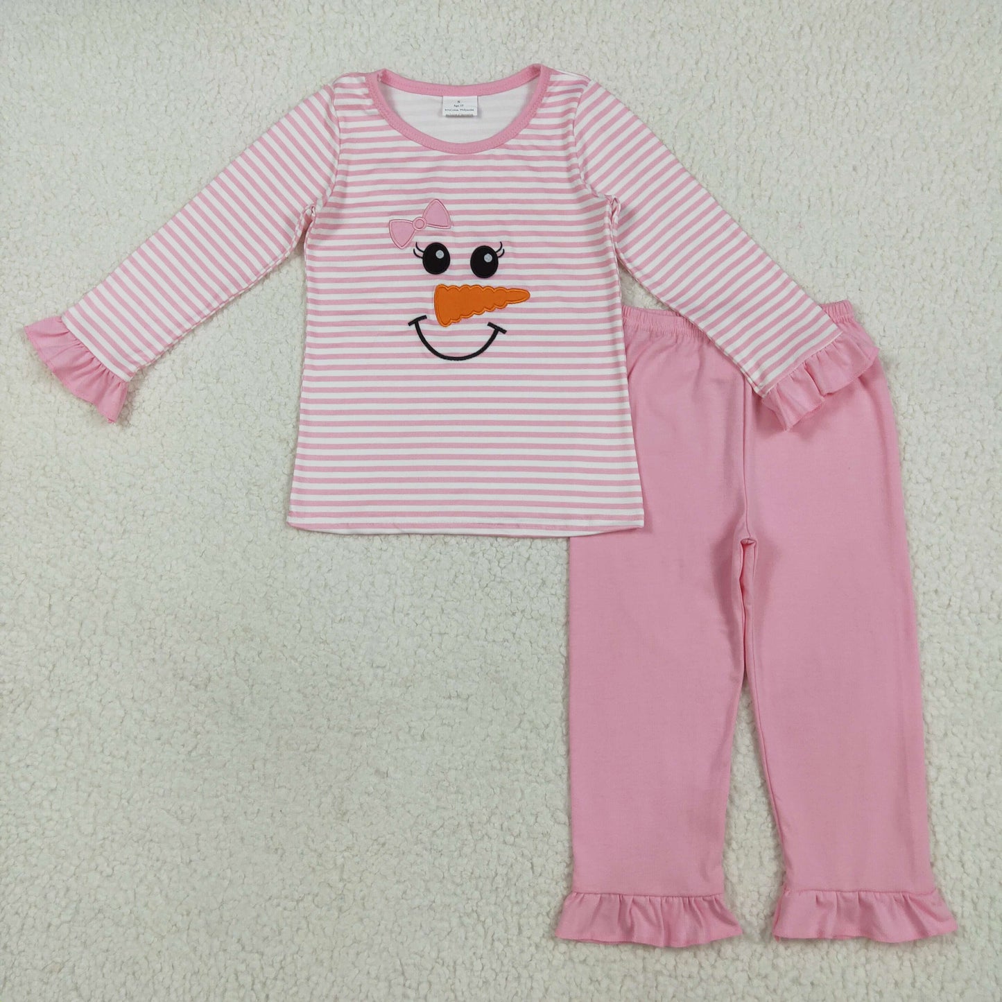 7.18 RTS NO MOQ Baby Girls Long Sleeve Outfits GLP2520 Christmas Pink Stripe Bow Snowman Top Pants Pajamas
