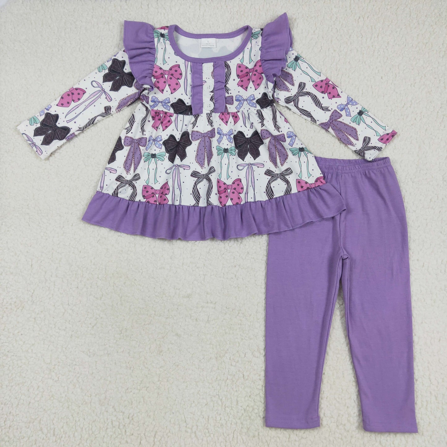 8.12 RTS NO MOQ Baby Girls Long Sleeve Outfits GLP2528 Long Sleeves Purple Bows Button Top Legging Pants Sets