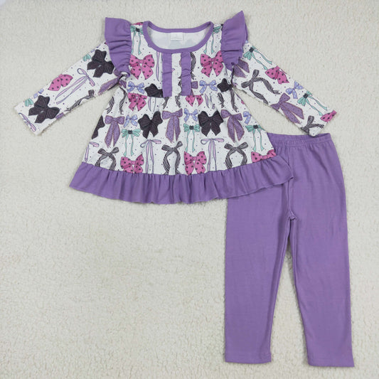 8.12 RTS NO MOQ Baby Girls Long Sleeve Outfits GLP2528 Long Sleeves Purple Bows Button Top Legging Pants Sets