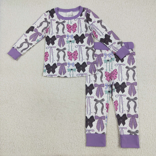 7.23 RTS NO MOQ Baby Girls Long Sleeve Outfits GLP2533 Long Sleeves Purple Bows Top Pant Pajamas Sets