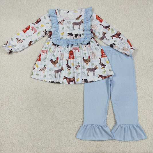 7.29 RTS NO MOQ Baby Girls Long Sleeve Outfits GLP2536 Long Ruffle Sleeves House Chicks Tunic Pant Farm Sets
