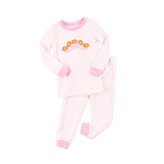 8.7 GLP2674 Baby Girls Pink Stripe Pumpkins Bows Top Pant Fall Pajamas Set Preorder