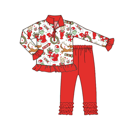 8.7 GLP2677 Baby Girls Green Face Holly Zipper Pullovers Ruffle Pant Christmas Set Preorder