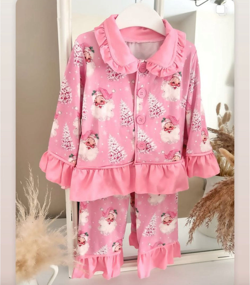 8.7 GLP2685 Baby Girls Pink Santa Trees Plaid Button Top Pants Christmas Pajamas Set Preorder