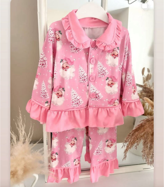 8.7 GLP2685 Baby Girls Pink Santa Trees Plaid Button Top Pants Christmas Pajamas Set Preorder