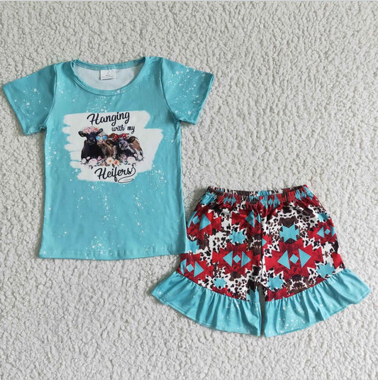 GSD0046 Blue Cow Wholesale Lovely Kid Ruffle Summer Boutique Outfits