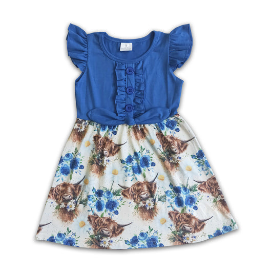 7.12 RTS NO MOQ Baby Girl Summer Skirt GSD0124 Flutter Sleeve Western Cow Blue Top Dresses