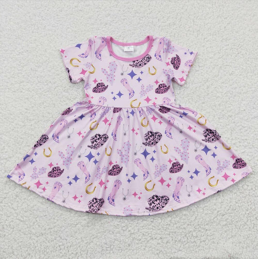 GSD0194 Pink Short Sleeve Baby Girls Summer Highland Cow Floral Dress