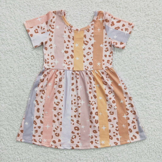 RTS NO MOQ Baby Girl Summer Skirt GSD0266 Pink Leopard Short Sleeve Knee Length Dresses