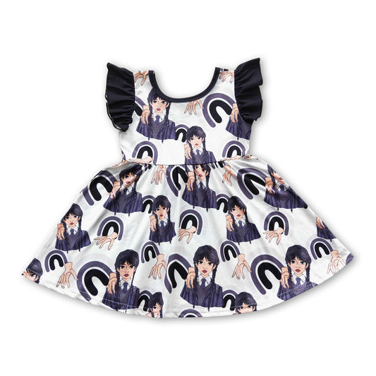RTS NO MOQ Baby Girl Summer Skirt GSD0326 Black Rainbow Flutter Sleeve Movie Knee Length Dresses