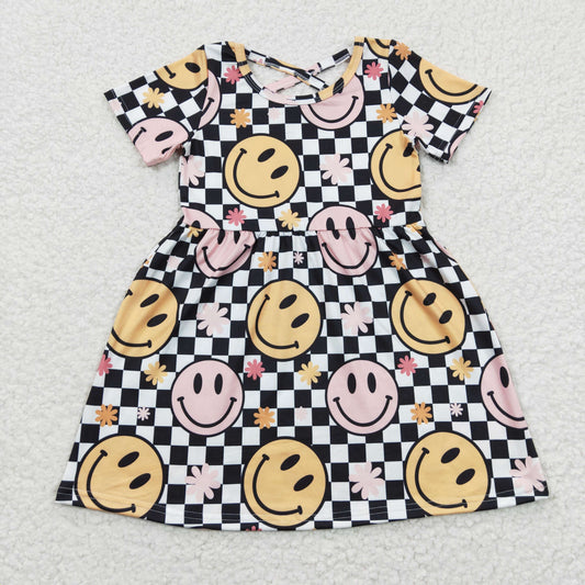 7.5 RTS NO MOQ Baby Girl Summer Skirt GSD0336 Plaid Smile Flower Knee Length Dresses