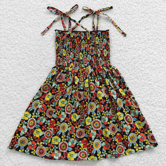 7.5 RTS NO MOQ Baby Girl Summer Skirt GSD0357 Black Flowers Elastic Knee Length Dresses