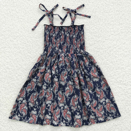 7.5 RTS NO MOQ Baby Girl Summer Skirt GSD0366 Dark Blue Flowers Elastic Knee Length Dresses