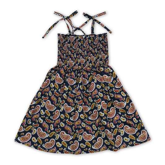 7.19 RTS NO MOQ Baby Girl Summer Skirt GSD0368 Navy Flowers Elastic Knee Length Dresses