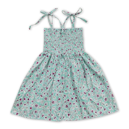 7.19 RTS NO MOQ Baby Girl Summer Skirt GSD0370 Blue Flowers Elastic Knee Length Dresses