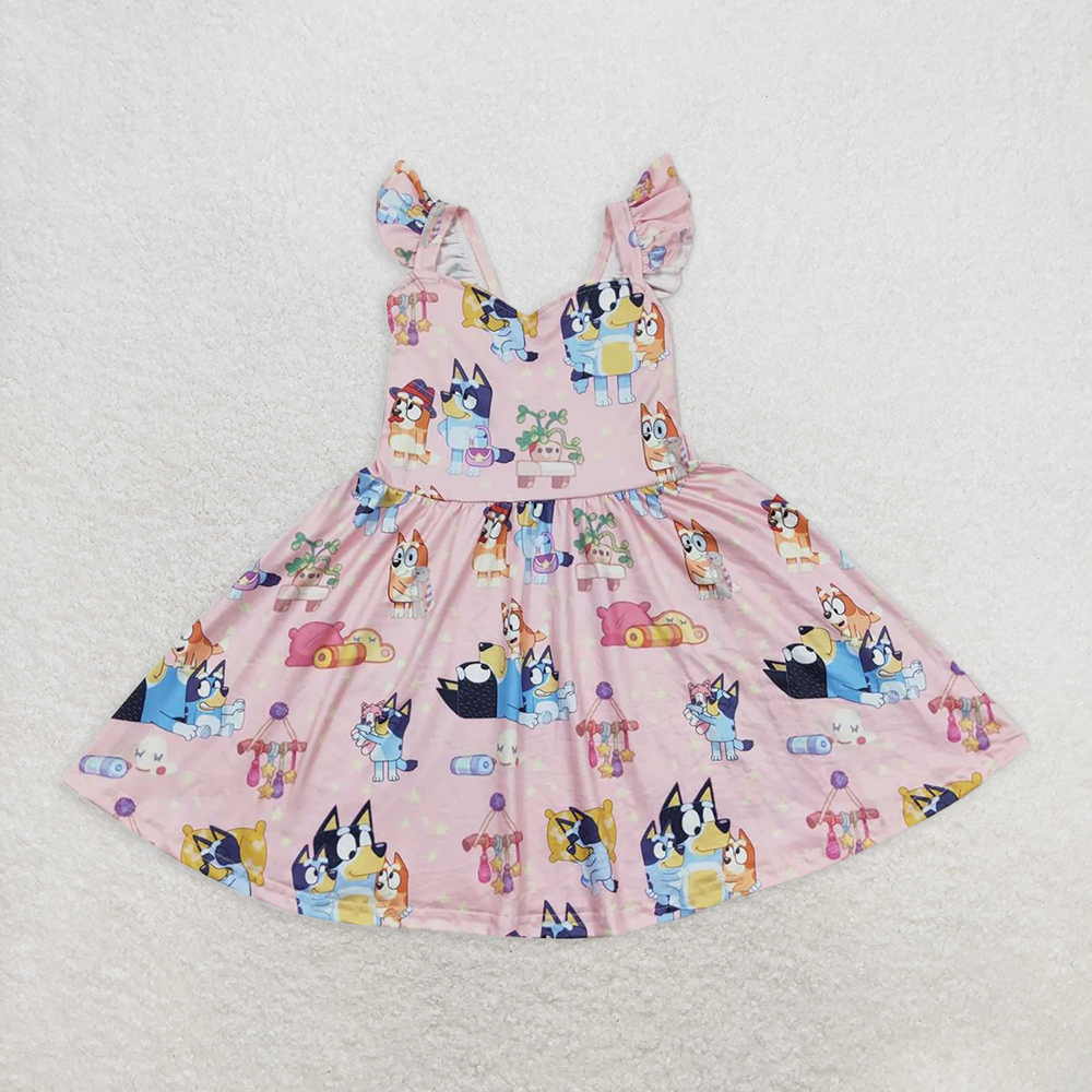 RTS NO MOQ Summer Baby Girls Dresses GSD0422 Pink Dog Knee Length Ruffle Dresses