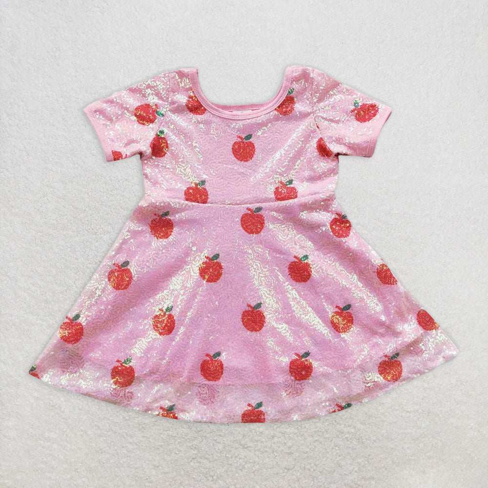 RTS NO MOQ Summer Baby Girls Dresses GSD0437 Back To School Apple Sequin Short Sleeve Knee Length Dresses