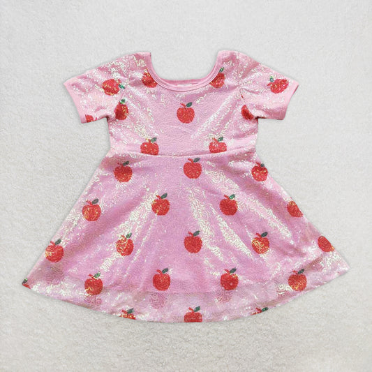 RTS NO MOQ Summer Baby Girls Dresses GSD0437 Back To School Apple Sequin Short Sleeve Knee Length Dresses