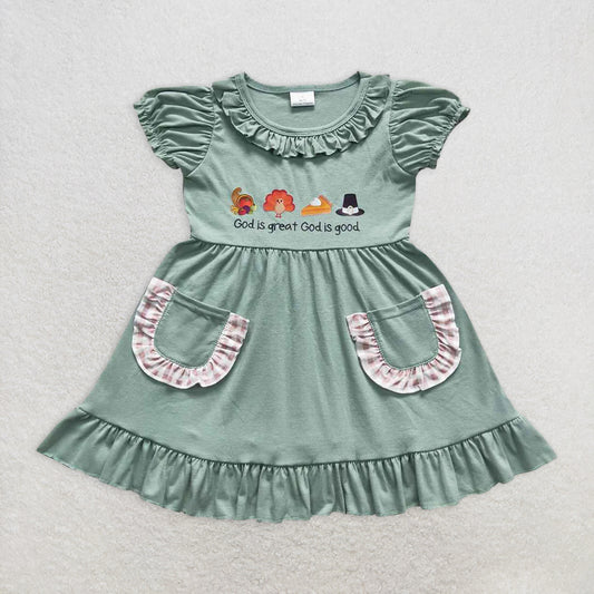 RTS NO MOQ Summer Baby Girls Dresses GSD0481 Green Thanksgiving Fall Turkey Knee Length Pockets Dresses