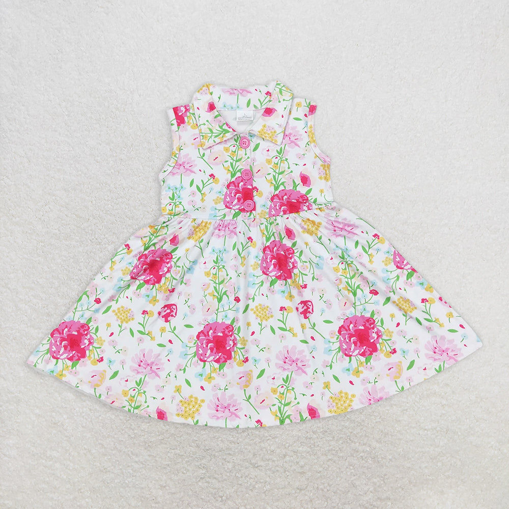 RTS NO MOQ Summer Baby Girls Dresses GSD0546 Pink Flowers Sleeveless Knee Length Dresses