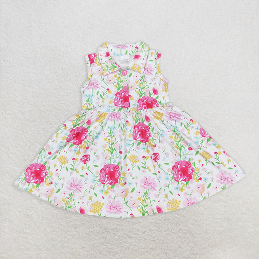 RTS NO MOQ Summer Baby Girls Dresses GSD0546 Pink Flowers Sleeveless Knee Length Dresses