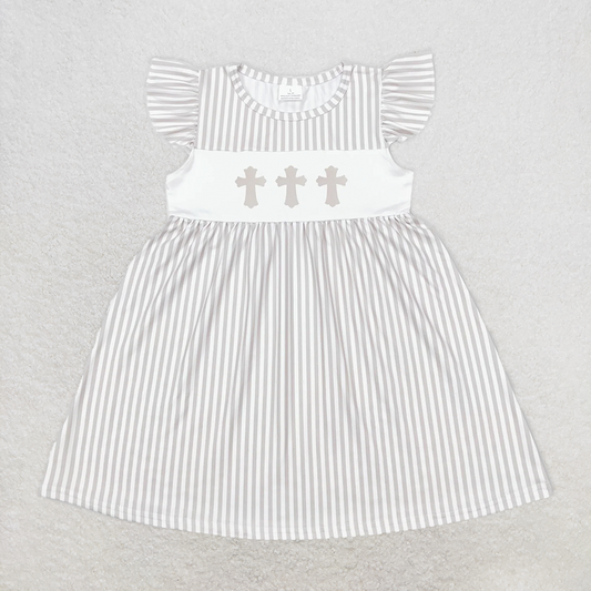 RTS NO MOQ Summer Baby Girls Dresses GSD0568 Grey Stripes Easter Cross Knee Length Dresses