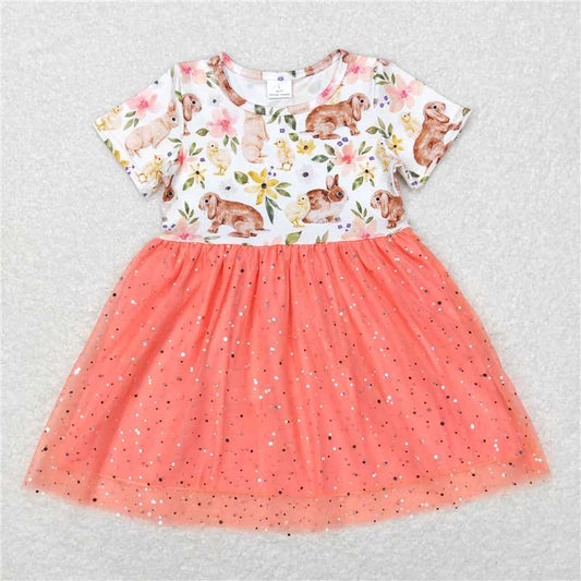 RTS NO MOQ Summer Baby Girls Dresses GSD0605 Toddler Easter Rabbit Pink Short Sleeve Tutu Knee Length Dresses