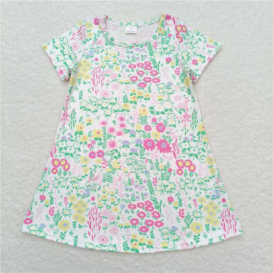 RTS NO MOQ Summer Baby Girls Dresses GSD0823 Pink Green Flowers Short Sleeve Knee Length Dresses