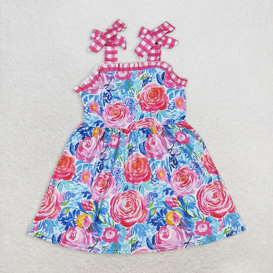 RTS NO MOQ Summer Baby Girls Dresses GSD0895 Blue Flowers Plaid Straps Knee Length Dresses