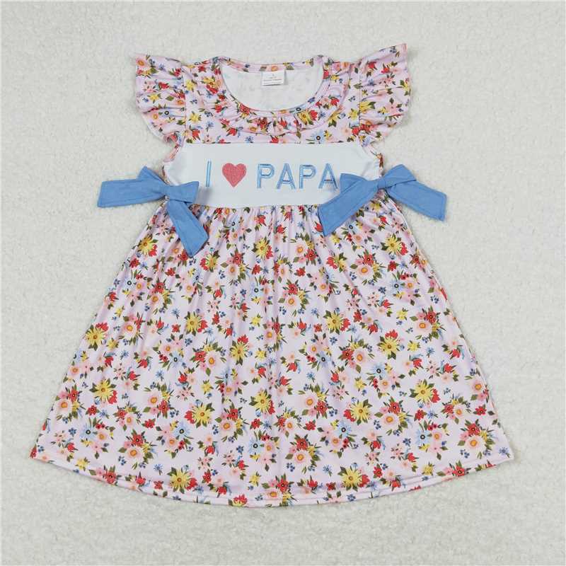 RTS NO MOQ Summer Sibling Baby Girls I Love Papa Floral Bows Rompers Dresses