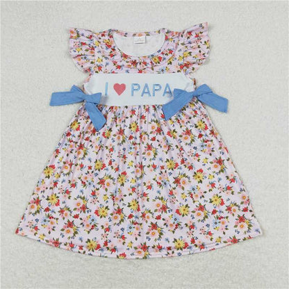 RTS NO MOQ Summer Sibling Baby Girls I Love Papa Floral Bows Rompers Dresses