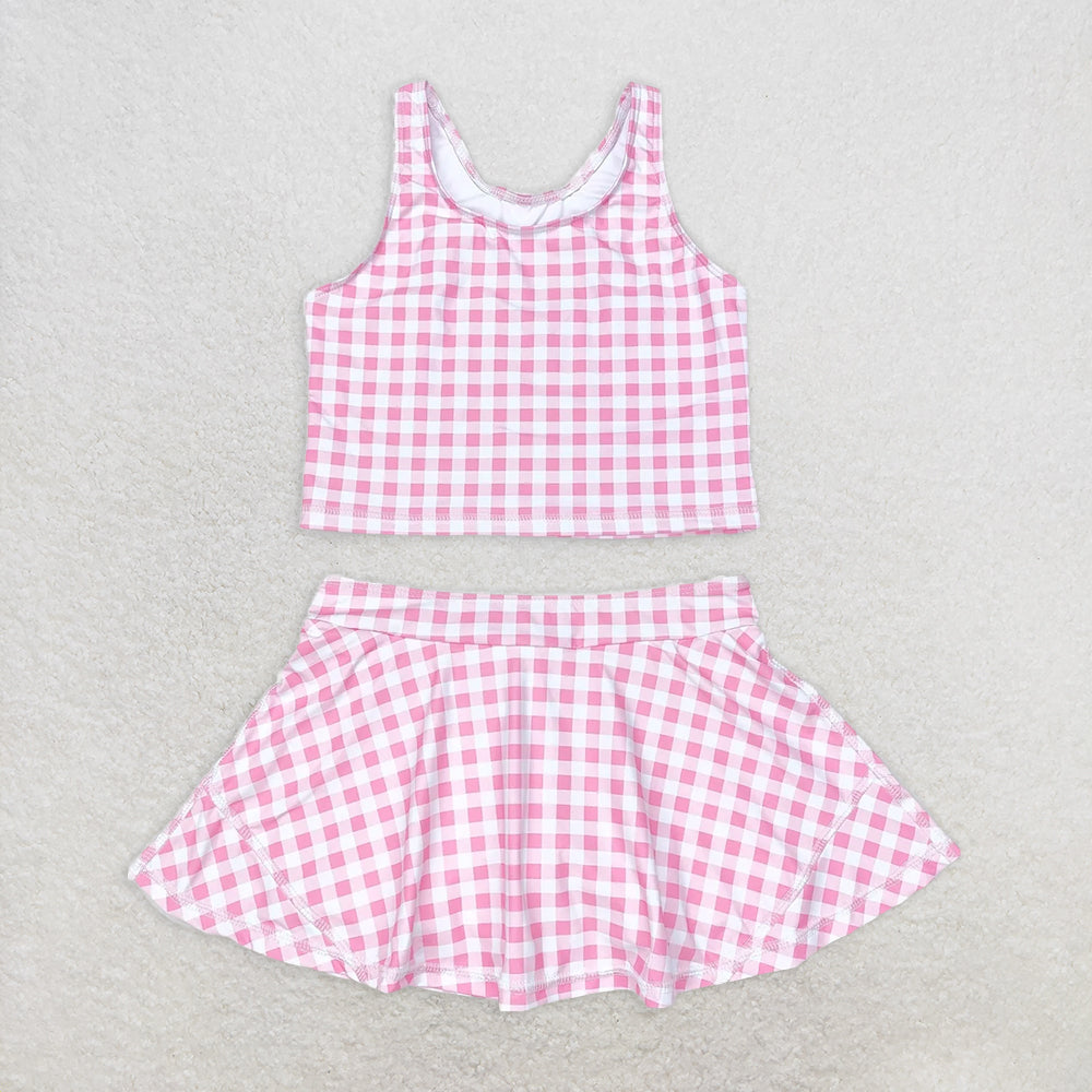 5.13 RTS NO MOQ Baby Girls Summer Sets GSD0992 Pink Checkered Top Skirts Clothes Sets