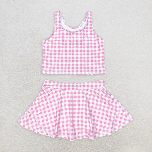 5.13 RTS NO MOQ Baby Girls Summer Sets GSD0992 Pink Checkered Top Skirts Clothes Sets