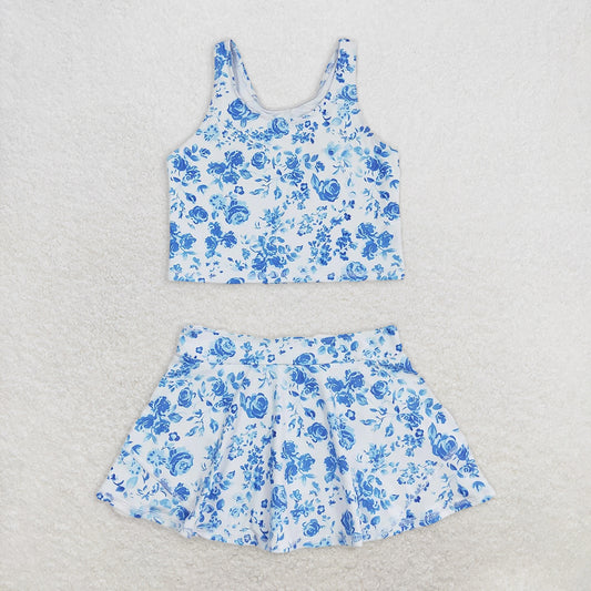 RTS NO MOQ Baby Girls Summer Kids Sets GSD0995 Blue Flowers Top Skirts Active Wear Clothes Sets