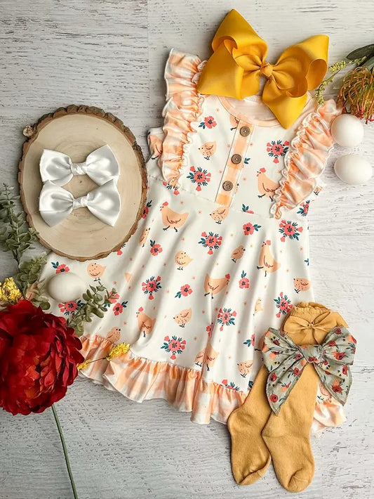 GSD1077 Yellow chicken Summer Baby Girls Wear Short Sleeve Kid Dress