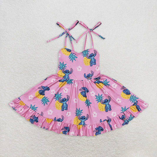 RTS NO MOQ Summer Baby Girls Dresses GSD1080 Strapes Hot Pink Pineapple Mouse Ruffle Knee Length Dresses