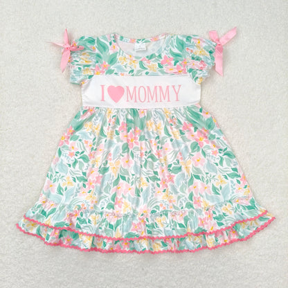 RTS NO MOQ Summer Sibling Baby Girls Pink Flowers I Love Mommy Rompers Dresses