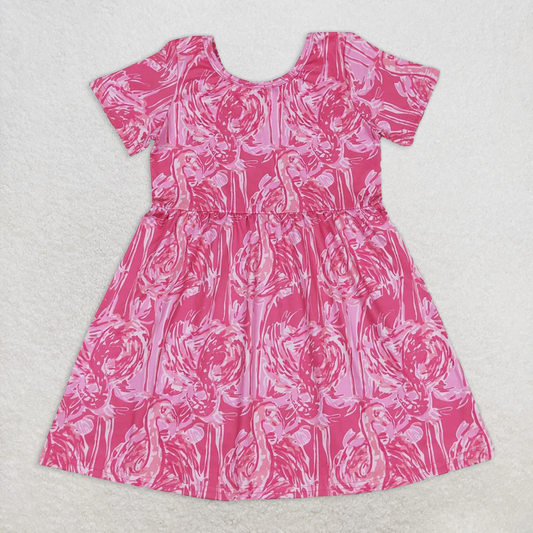 RTS NO MOQ Summer Baby Girls Dresses GSD1116 Hot Pink Flamingo Short Sleeve Knee Length Dresses