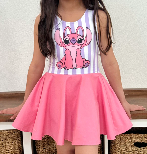 GSD1219 Pink Cartoon Cute Girl Summer Wear Short Sleeve Dress