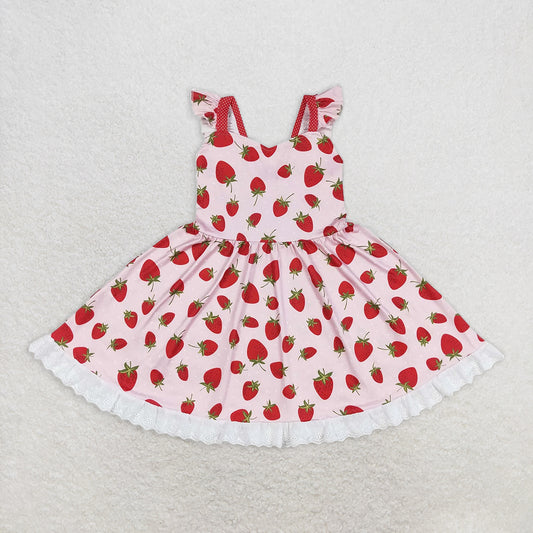RTS NO MOQ Summer Baby Girls Dresses GSD1273 Strawberry Flutter Sleeve Knee Length Dresses