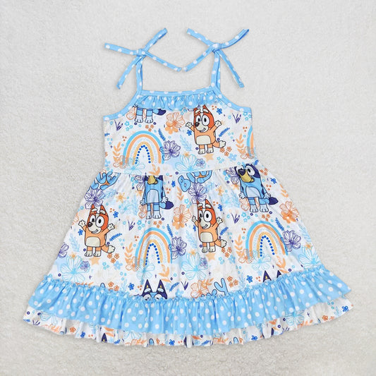 RTS NO MOQ Summer Baby Girls Dresses GSD1284 Straps Blue Dogs Ruffle Knee Length Dresses