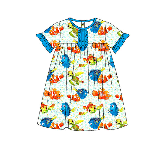 GSD1312 Cartoon Fish Girl Summer Design Short Sleeve Children Dresses