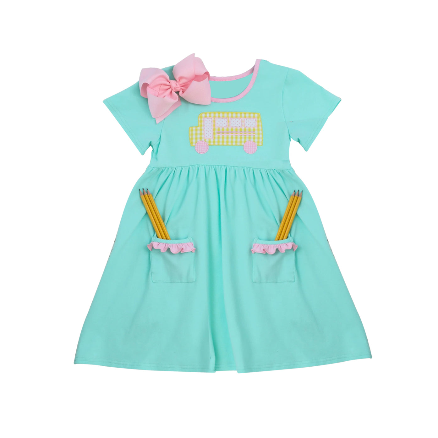 GSD1341 Blue Bus Girl Summer Design Short Sleeve Children Dresses