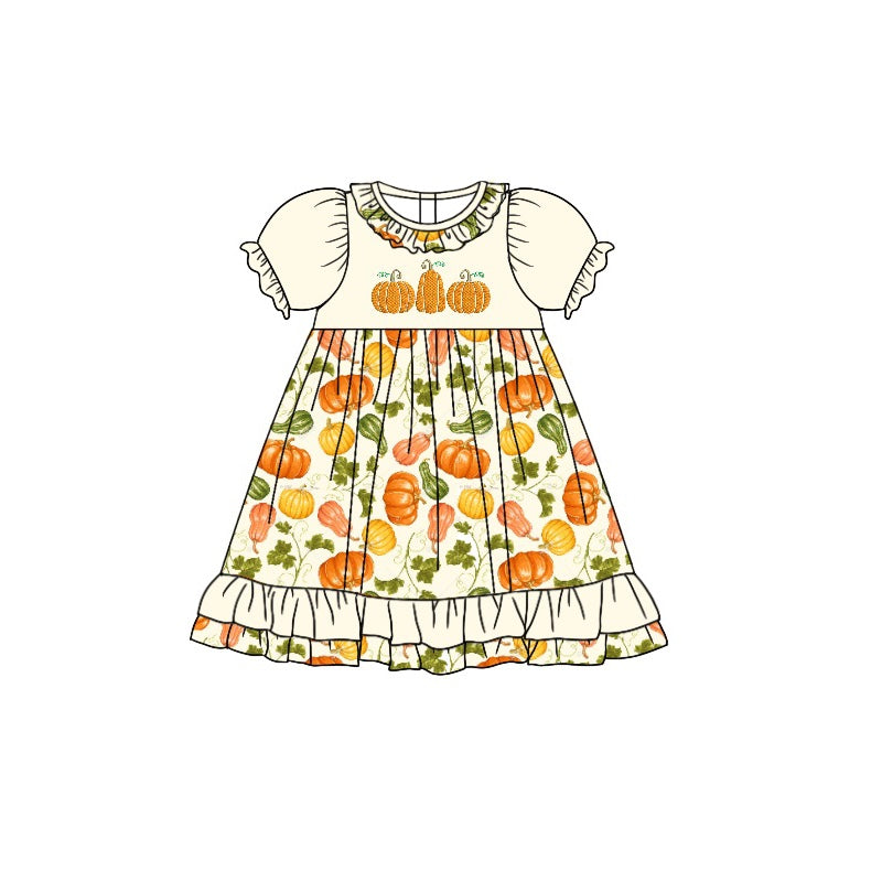 GSD1346 Pumpkin Girl Summer Design Short Sleeve Children Dresses