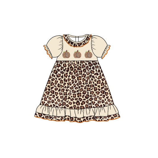 GSD1347 Leopard Pumpkin Girl Summer Design Short Sleeve Children Dresses