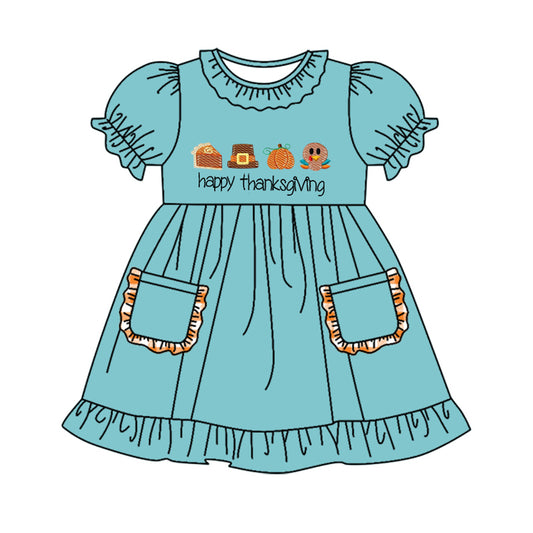 GSD1360 Sky Blue Turkey Cute Girl Fall Winter Design Short Sleeve Children Dresses